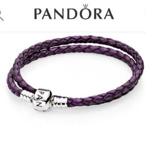 Authentic Pandora Moments Double Wrap Purple Braided Leather Bracelet 15 inches